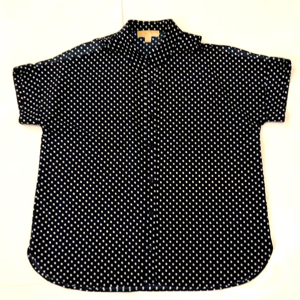 Michael Michael Kors XL Blue Shirt White Polka Dot short sleeve open shoulder